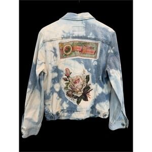 Lucky Brand Bleached Denim Jacket L Rose Paris Art Boho Folk